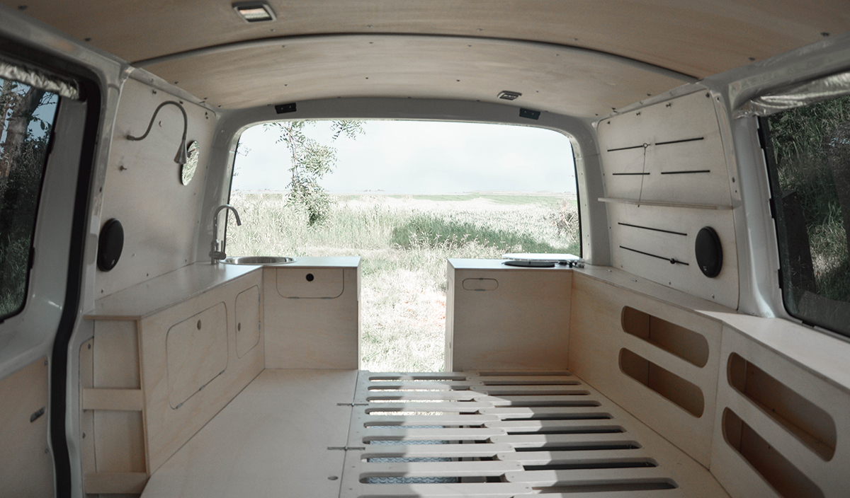 camper van bench seat turning into double bed-wood work